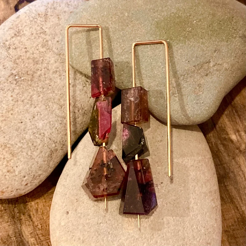 Thick cuff earrings-Geometric Triple Tourmaline 14K Gold Earrings