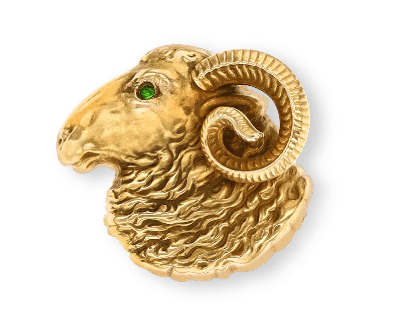 Sleek modern brooch-Riker Brothers Gold and Demantoid Garnet Ram's Head Brooch