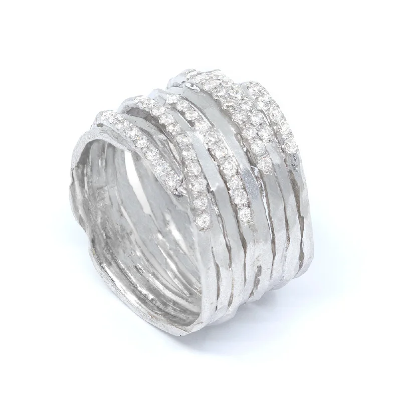 Tide motif rings-Textured White Gold Overlap Multi Band Ring with Diamonds