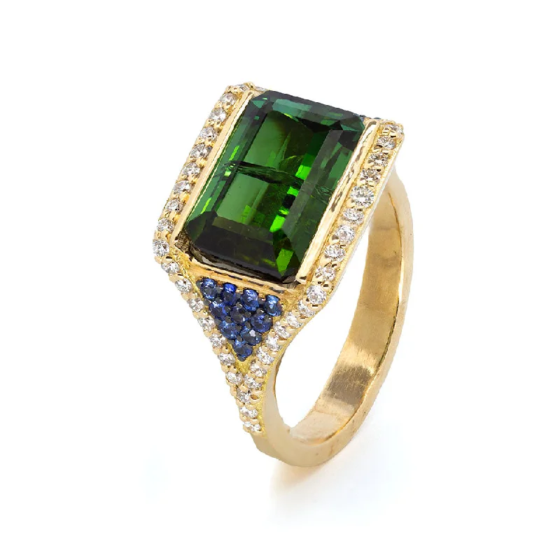 New moon rings-Green Tourmaline Cocktail Ring with Diamonds & Sapphires