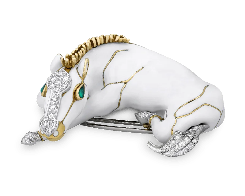 Round gem brooch-David Webb White Enamel, Pavé Diamond and Emerald Horse Brooch