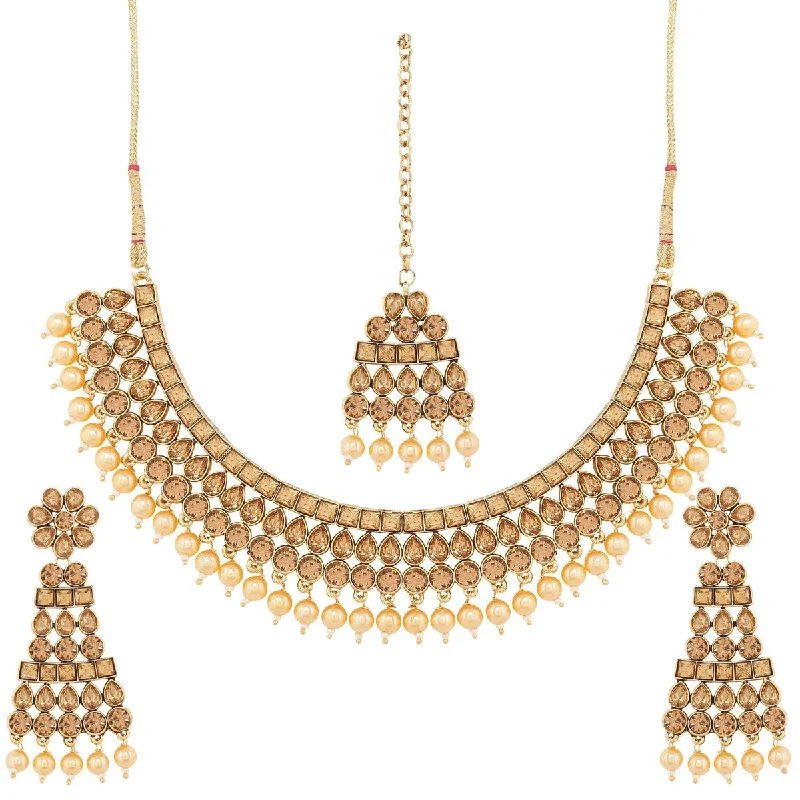 Sapphire gem necklaces-Etnico Traditional Gold Plated Handcrafted Stone Studded & Pearl Necklace Set with Earrings & Maang Tikka for Women (M4111FL)