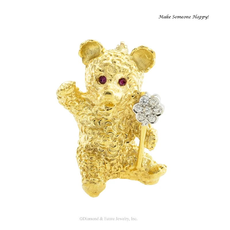 Woven charm brooch-Diamond Ruby Yellow Gold Teddy Bear Brooch