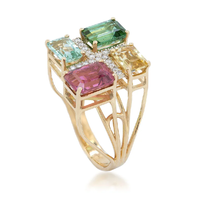 Flat twist rings-Multi Colored Emerald Cut Tourmaline Ring with Diamonds