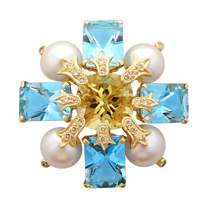 Multi-gem brooch-Brooch-Lemon Quartz, Blue Topaz, Pearl and Diamond