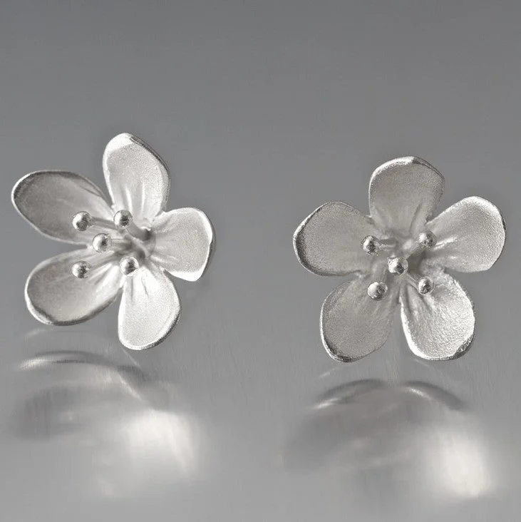 Petal hoop earrings-Large Apple Blossom Sterling Silver Post Earrings