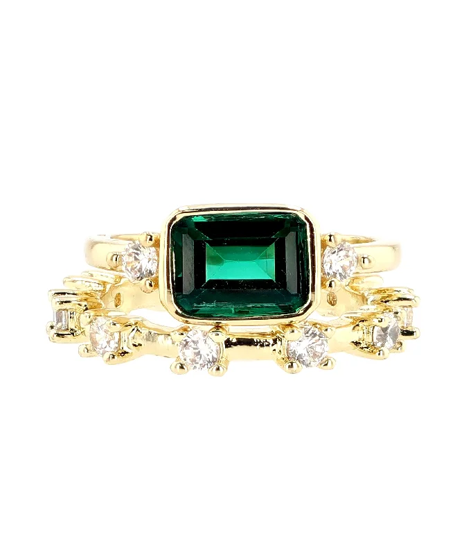 Bow design rings-Emerald Green CZ Stacking Rings- 2 Pc Set