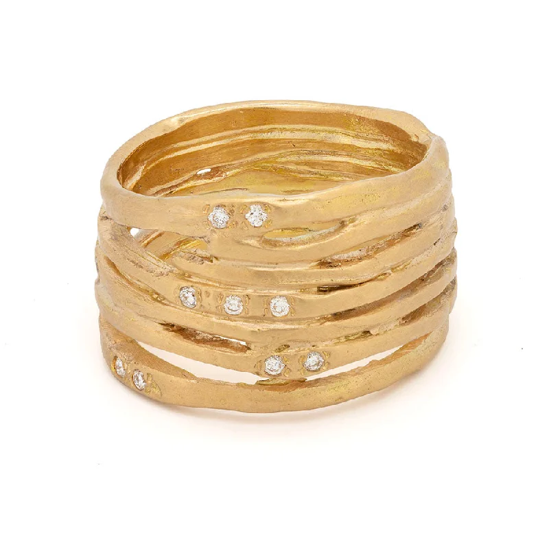 Pure form rings-Textured Gold Multi Band Ring with Diamonds