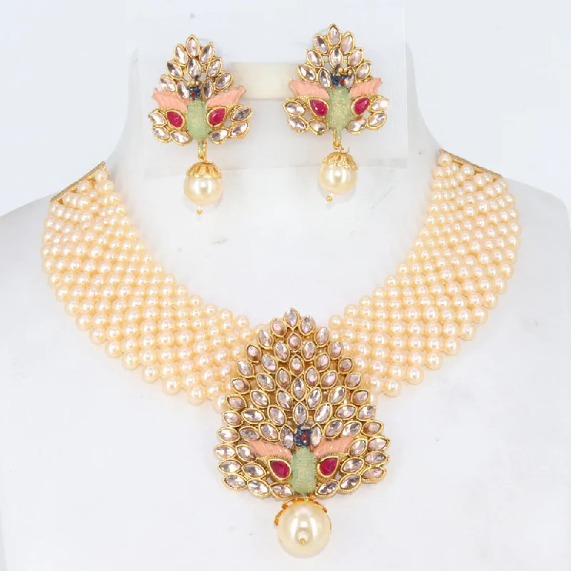 Hemp cord necklaces-Corbeda Fashion Gold Plated Crystal And Pearl  Necklace Set