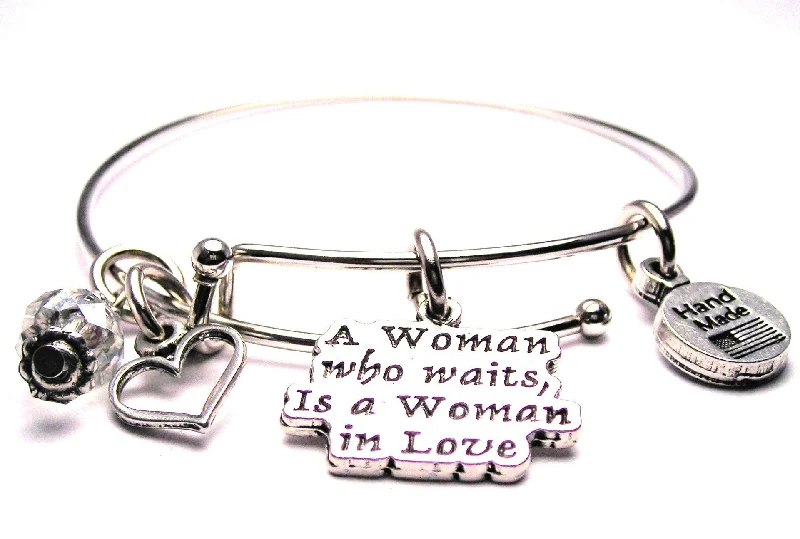 Shiny modern bangles-A Woman Who Waits Is A Woman In Love Expandable Bangle Bracelet