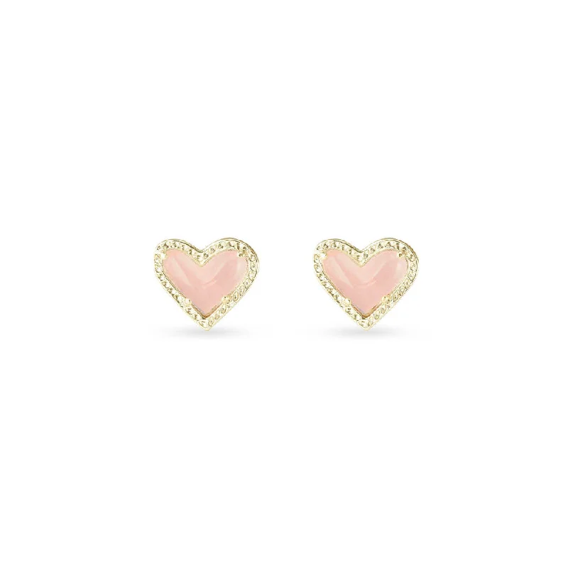 Wide statement earrings-Kendra Scott Ari Heart Gold Stud Earrings in Rose Quartz