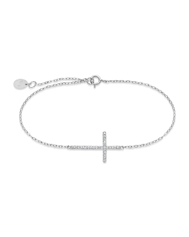 Bold cuff bangles-Sterling Silver Sideways CZ Cross Bracelet