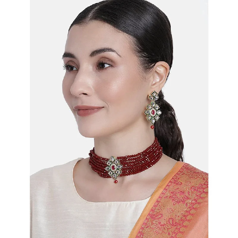 Floating stone necklaces-Etnico 18k Gold Plated Traditional Choker Set Glided With Kundan & Beads For Women/Girls (K7207M)