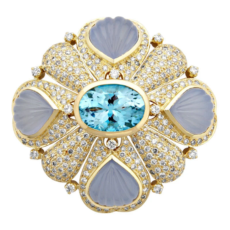 Sculptural floral brooch-Brooch- Blue Topaz, Chalcedony And Diamond