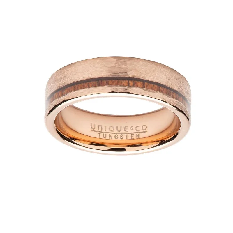 Sleek gold rings-Unique & Co Wood Inlay with Hammered Rose IP Ring