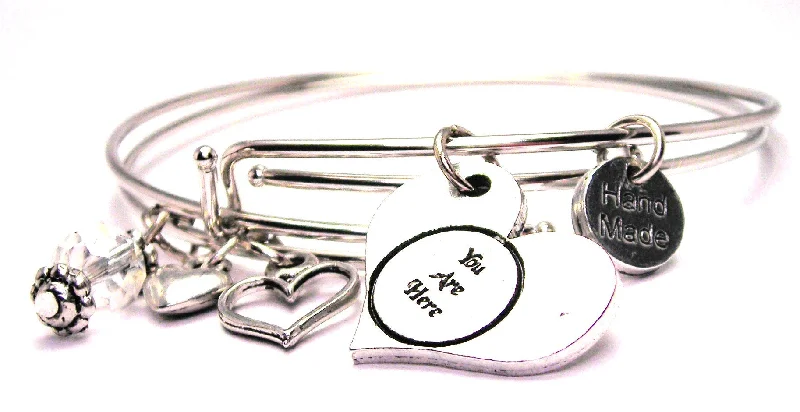 Onyx gem bangles-You Are Here Heart Expandable Bangle Bracelet Set