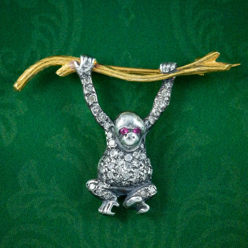 Linen thread brooch-Victorian Style Diamond Monkey Bar Brooch Silver 18ct Gold Ruby Eyes