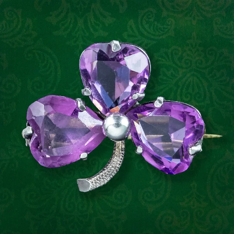 Oval stone brooch-Antique Edwardian Purple Paste Clover Brooch Charles Horner Dated 1902