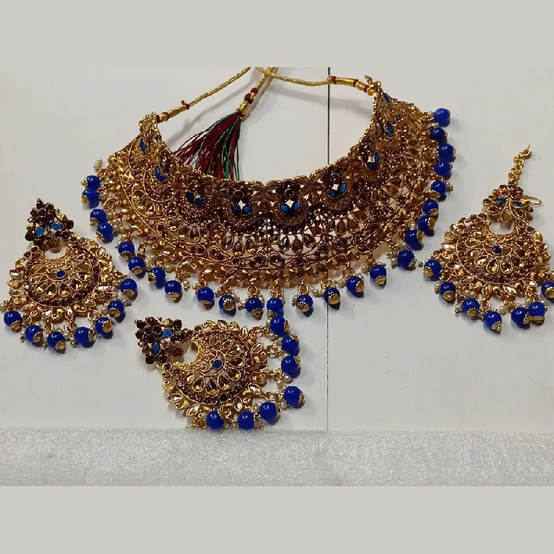 Low bar necklaces-Kumavat Jewels Gold Plated Kundan Stone And Beads Traditional Choker Necklace Set with Maang Tikka