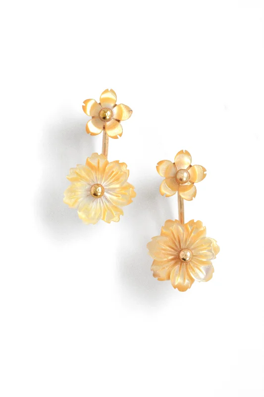 Flat charm earrings-Mini Cherry Blossoms Flower Front Back Earrings - Yellow