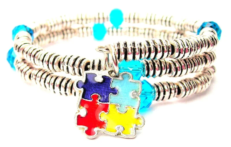 Glossy enamel bangles-Painted Autism Puzzle Pieces Curly Coil Wrap Style Bangle Bracelet