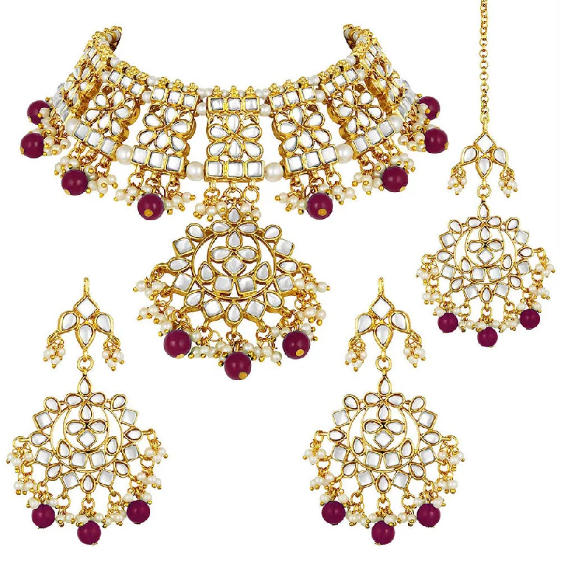 Thin bead necklaces-Etnico 18K Gold Plated Traditional Handcrafted Kundan & Pearl Studded Choker Necklace Jewellery Set With Earrings & Maang Tikka For Women (K7057M)