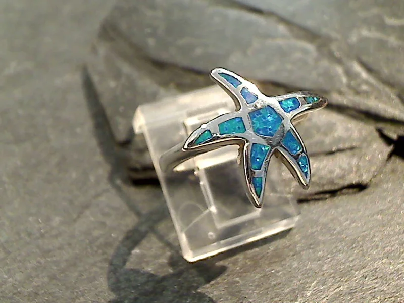 Dainty gold rings-Size 7 Lab Created Opal, Sterling Silver Starfish Ring