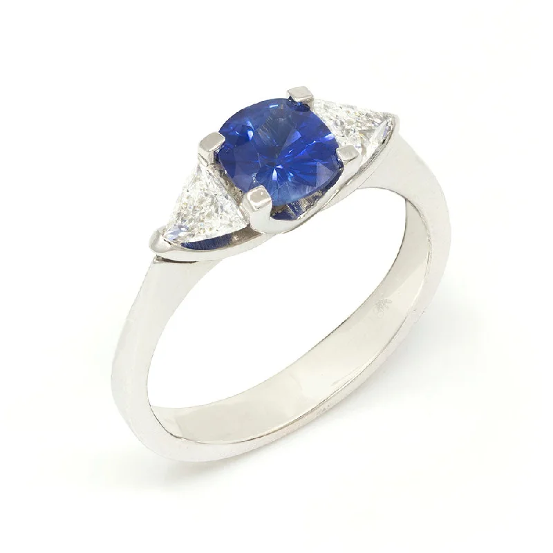 Solid gold rings-Three Stone Engagement Ring with Sapphire and Triagonal side Diamonds