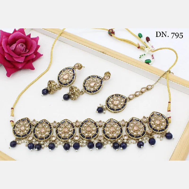 Worn style necklaces-India Art Kundan Stone & Beads Gold Plated Necklace Set