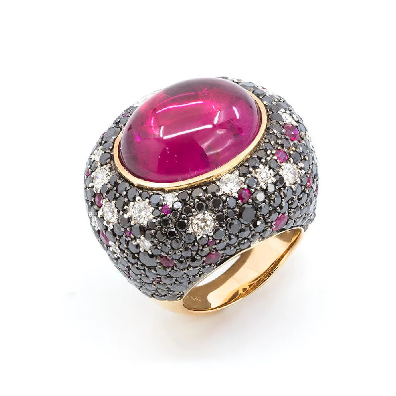 Glossy enamel rings-Oval Cabochon Rubellite Dome Ring with Rubies, Black and Clear Diamonds