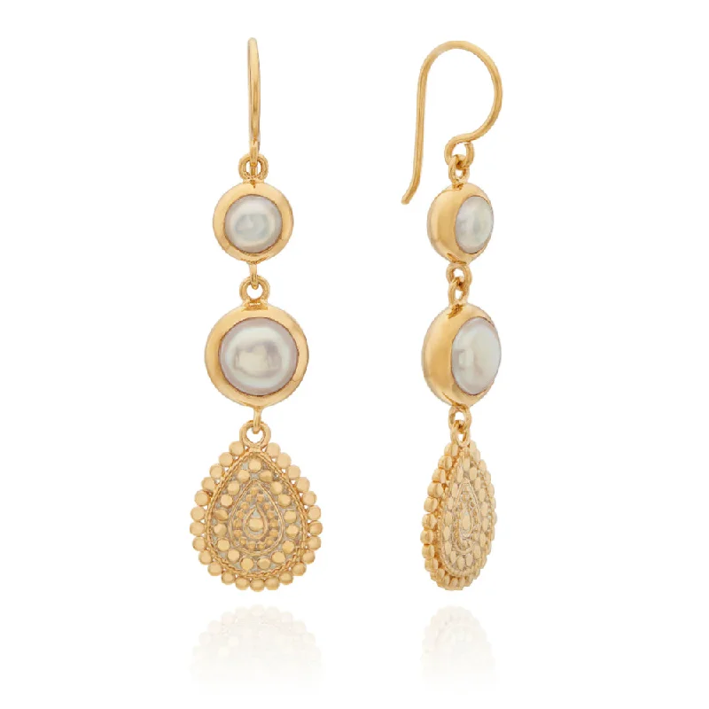 Tide theme earrings-Anna Beck Pearl Scalloped Triple Drop Earrings