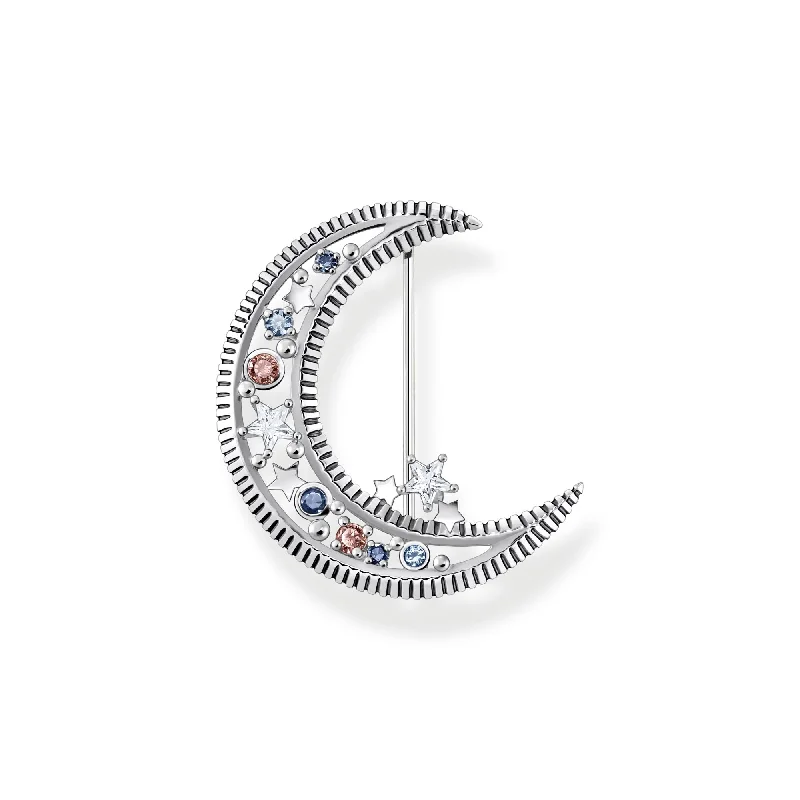 Glossy floral brooch-THOMAS SABO Brooch crescent moon with coloured stones silver