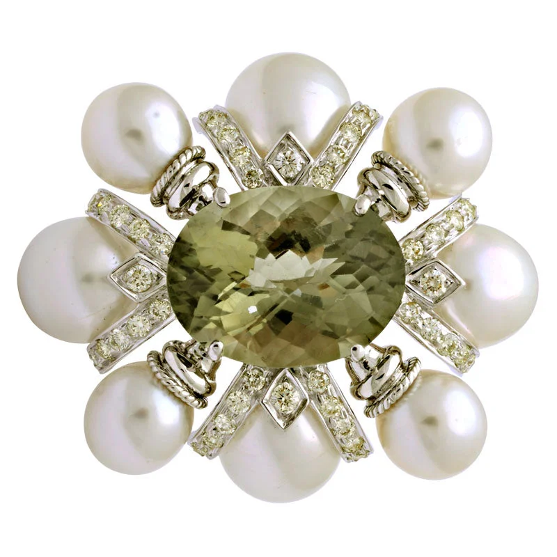 Rustic lock brooch-Brooch-Green Quartz, South Sea Pearl and Diamond