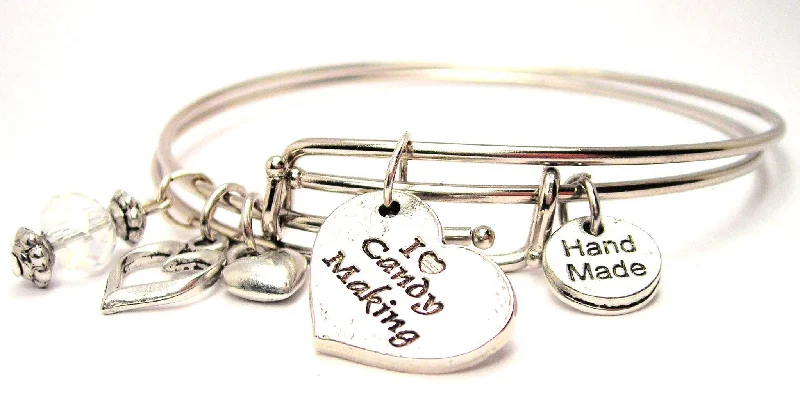 Dainty silver bangles-I Love Candy Making Heart Expandable Bangle Bracelet Set