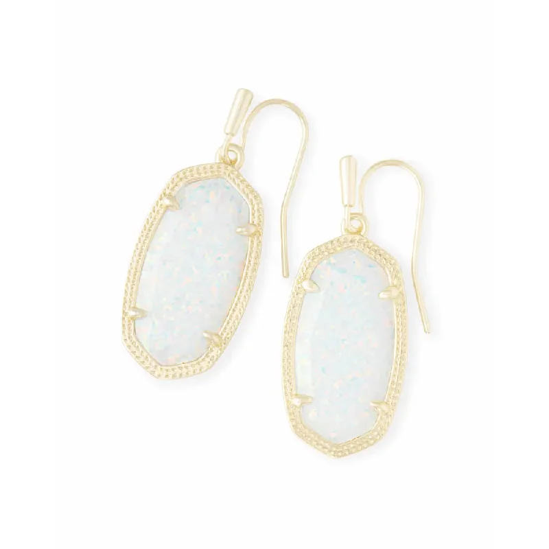 Curved gem earrings-Kendra Scott Dani Gold Drop Earrings in White Kyocera Opal