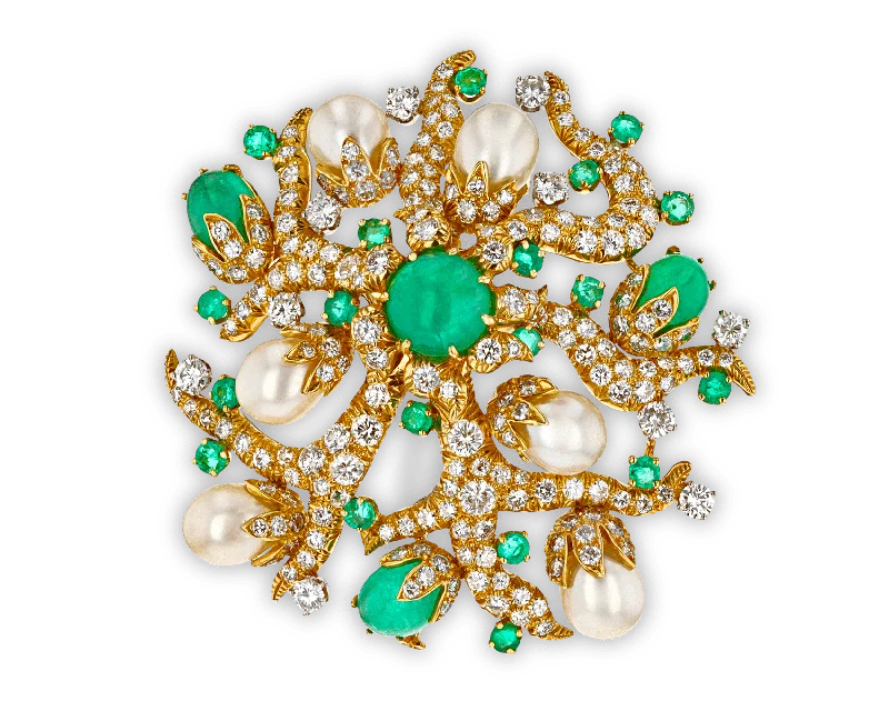 Agate inlay brooch-David Webb Emerald, Diamond and Pearl Brooch