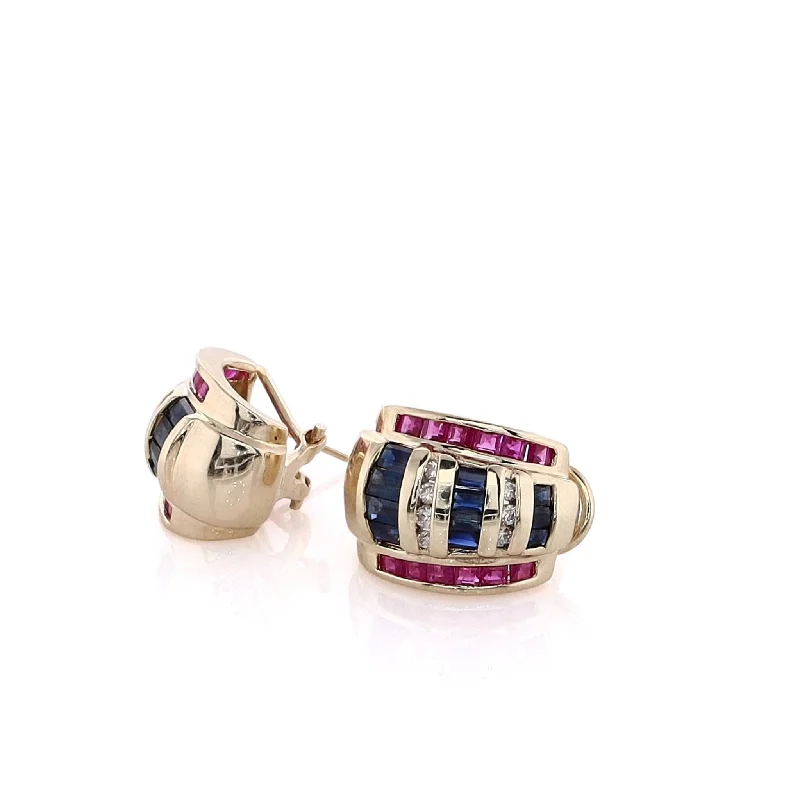 Fine bead earrings-Estate 14 Karat Yellow Gold Diamond, Ruby, and Sapphire Earrings