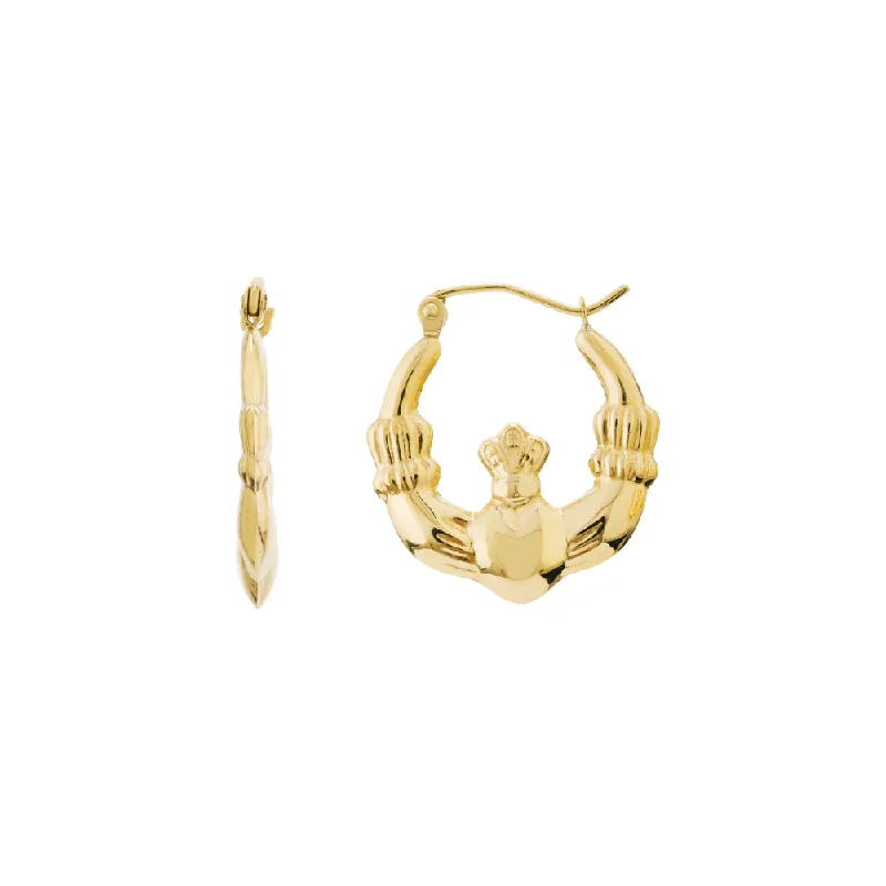 Smooth drop earrings-14k Yellow Gold Claddagh Hoop Earrings