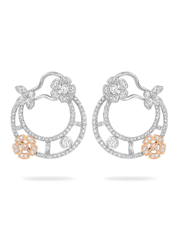 Trekker motif earrings-Secret Garden Flower Diamond Platinum Earrings