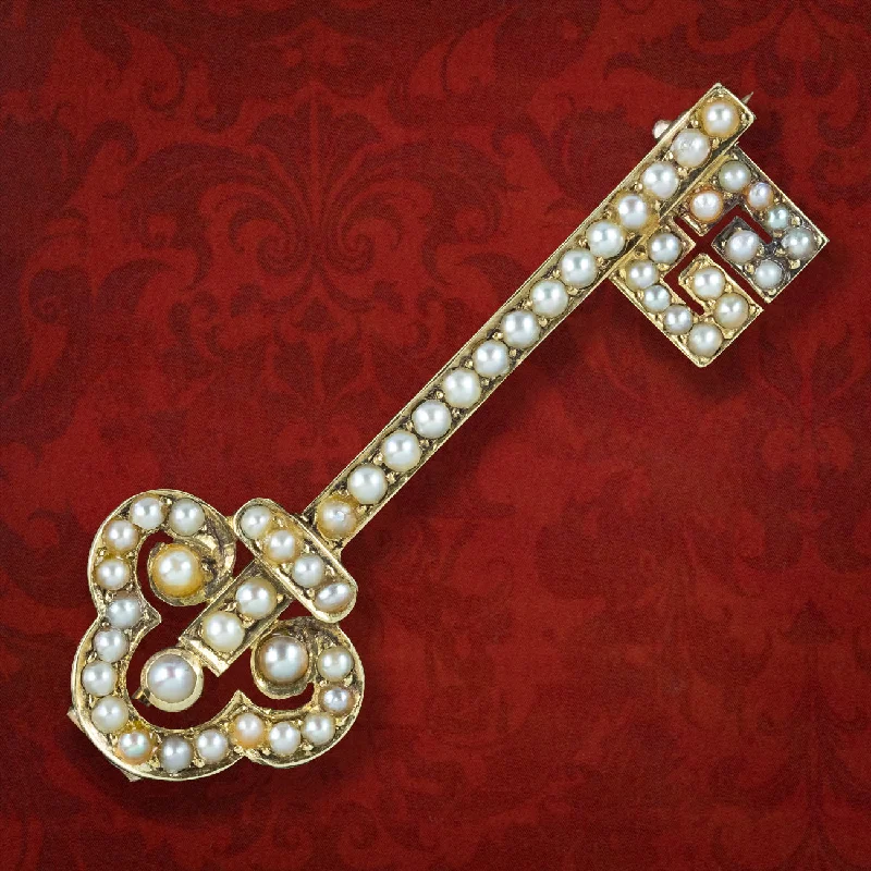 Tiny gem brooch-Antique Victorian Natural Pearl Key Brooch 18ct Gold