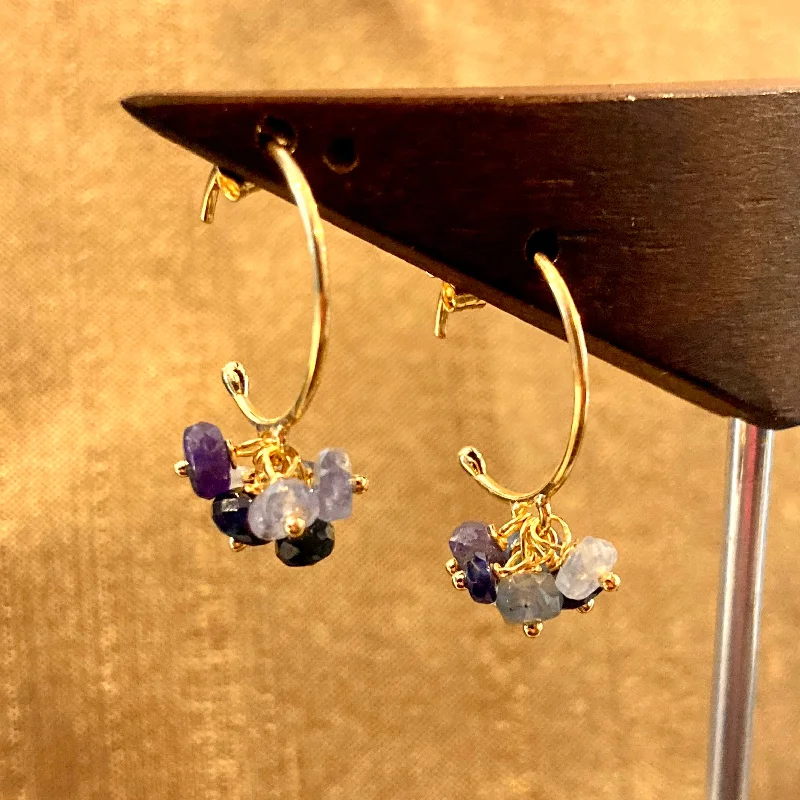 Topaz stone earrings-Sapphire Cluster 18K Gold Hoop Earrings