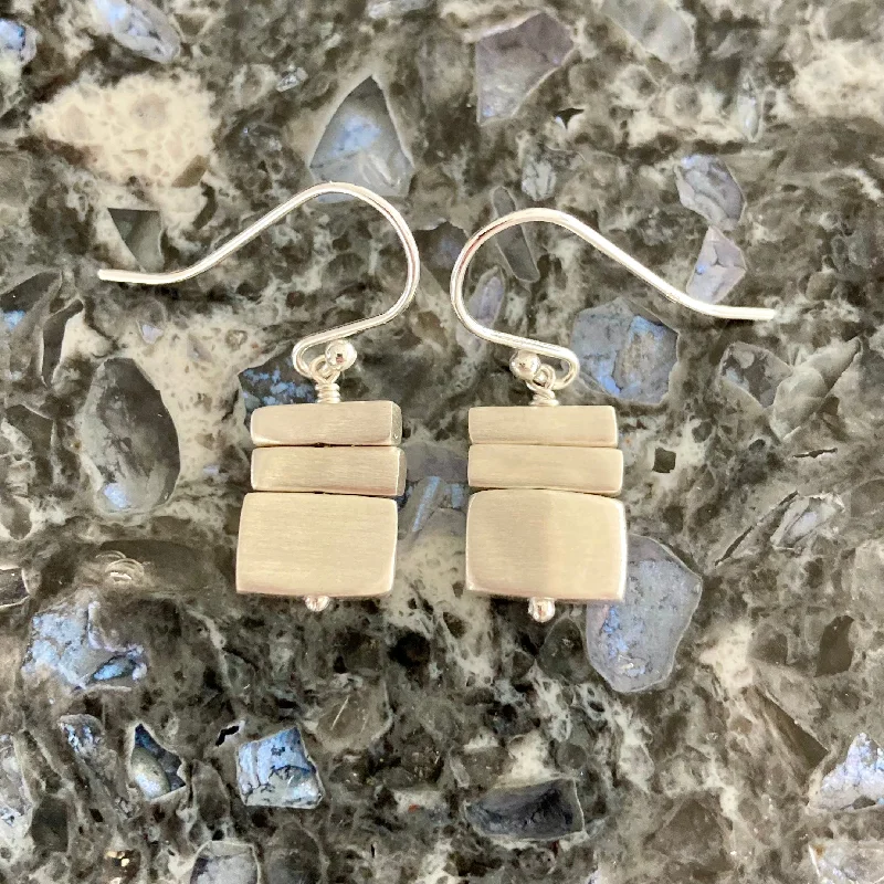 Wave charm earrings-Stacked Brushed Sterling Silver Bars Earrings