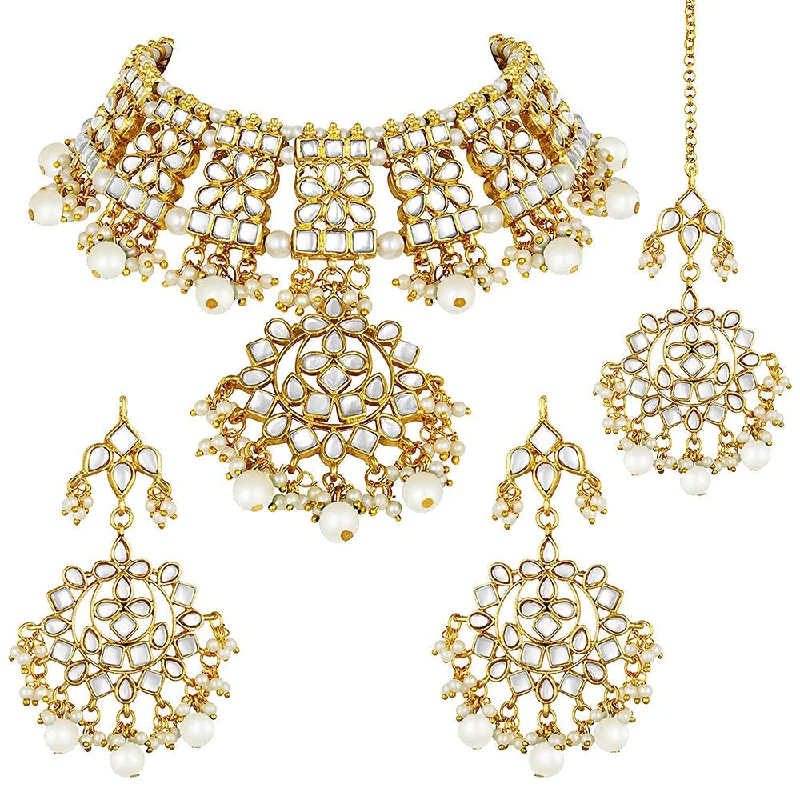 Quartz stone necklaces-Etnico 18K Gold Plated Traditional Handcrafted Kundan & Pearl Studded Choker Necklace Jewellery Set With Earrings & Maang Tikka For Women (K7057W)