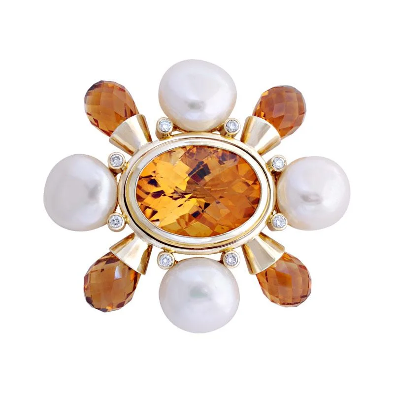 Bead-woven brooch-Brooch - Citrine, Pearl and Diamond