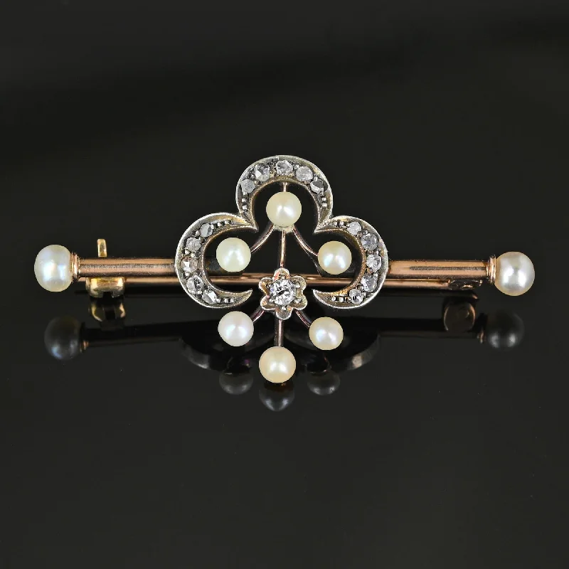 Solid gold brooch-Antique 15K Gold Pearl & Rose Cut Diamond Brooch