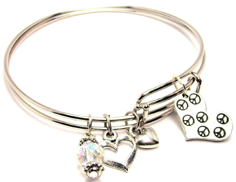 Drape-style bangles-Peace All Over Heart Expandable Bangle Bracelet Set