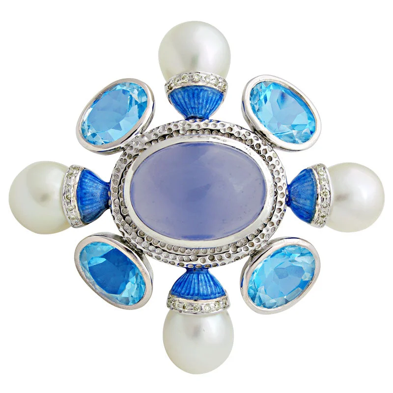 Matte texture brooch-Brooch-Chalcedony, Blue Topaz, South Sea Pearl and Diamond (Enamel)