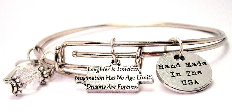 Textured letter bangles-Laughter Is Timeless Imagination Has No Age Limit Dreams Are Forever Expandable Bangle Bracelet Set