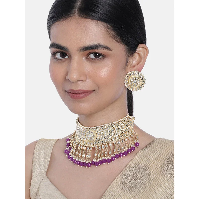 Fine thread necklaces-Etnico 18K Gold Plated Traditional Kundan & Pearl Studded Choker Necklace Set For Women/Girls (K7210Pu)