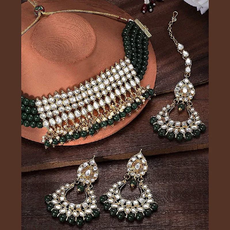 Bright stone necklaces-Etnico 18K Gold-Plated Kundan & Pearl Studded Choker Necklace Jewellery Set for Women Kundan & Girls (K7083G)